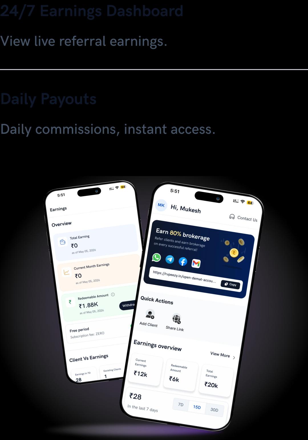 Rupeezy RISE Portal earnings dashboard on mobile