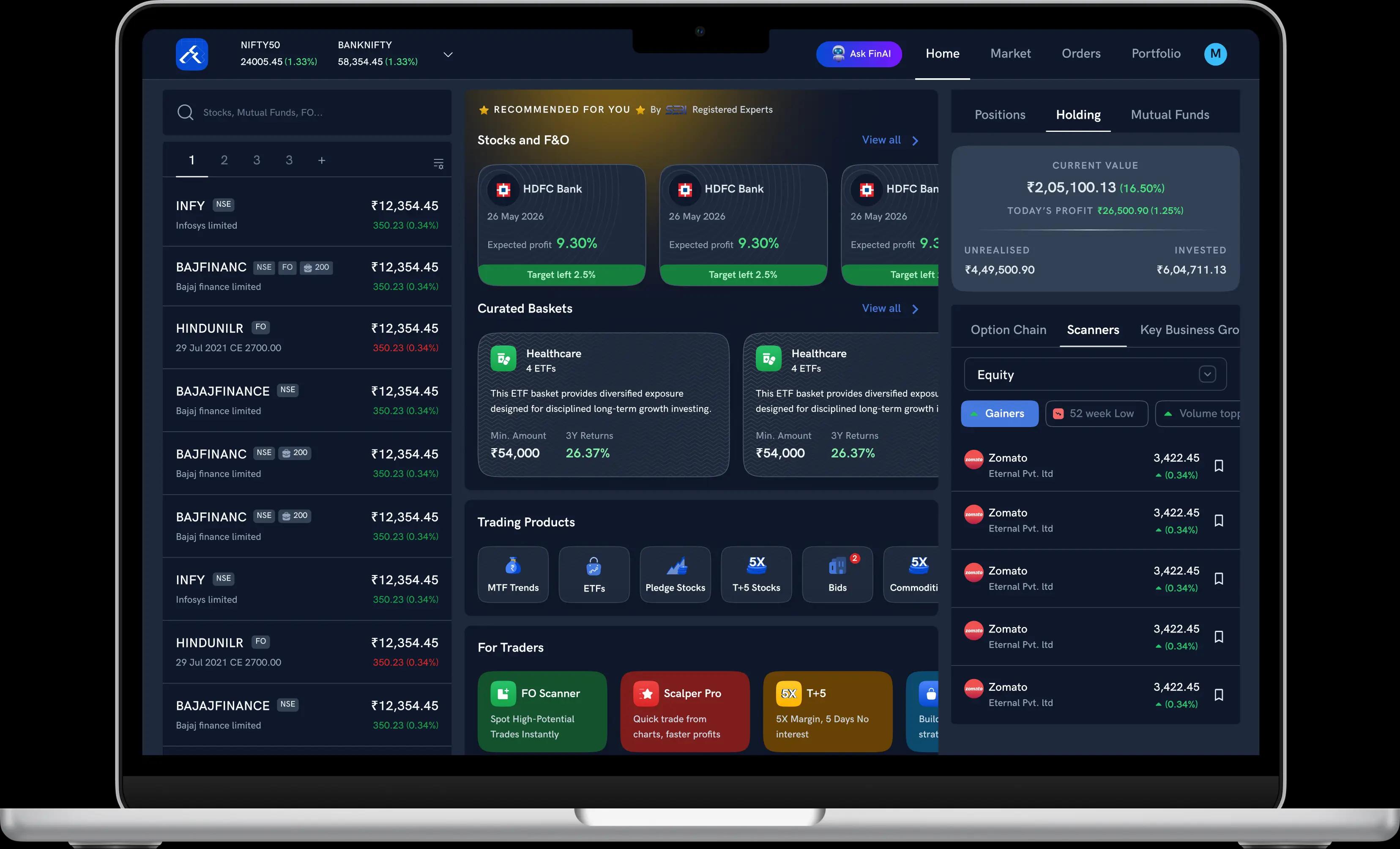 laptop screen of Rupeezy web trading dashboard with live market data and portfolio