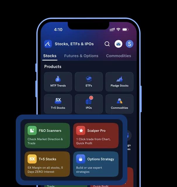 Rupeezy app home screen showing stocks, F&O, IPO products and trading tools