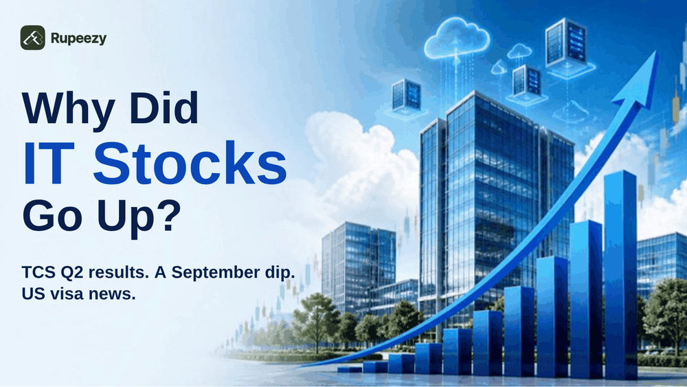 Why did IT stocks go up? Blue arrow over rising bars in front of IT office towers