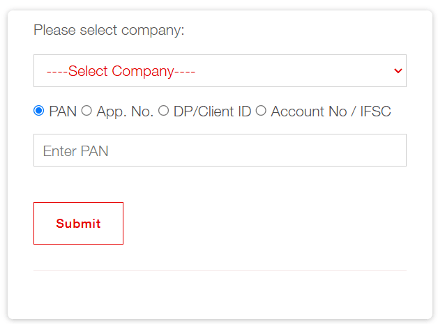 Screenshot of allotment status form on MUFG Website