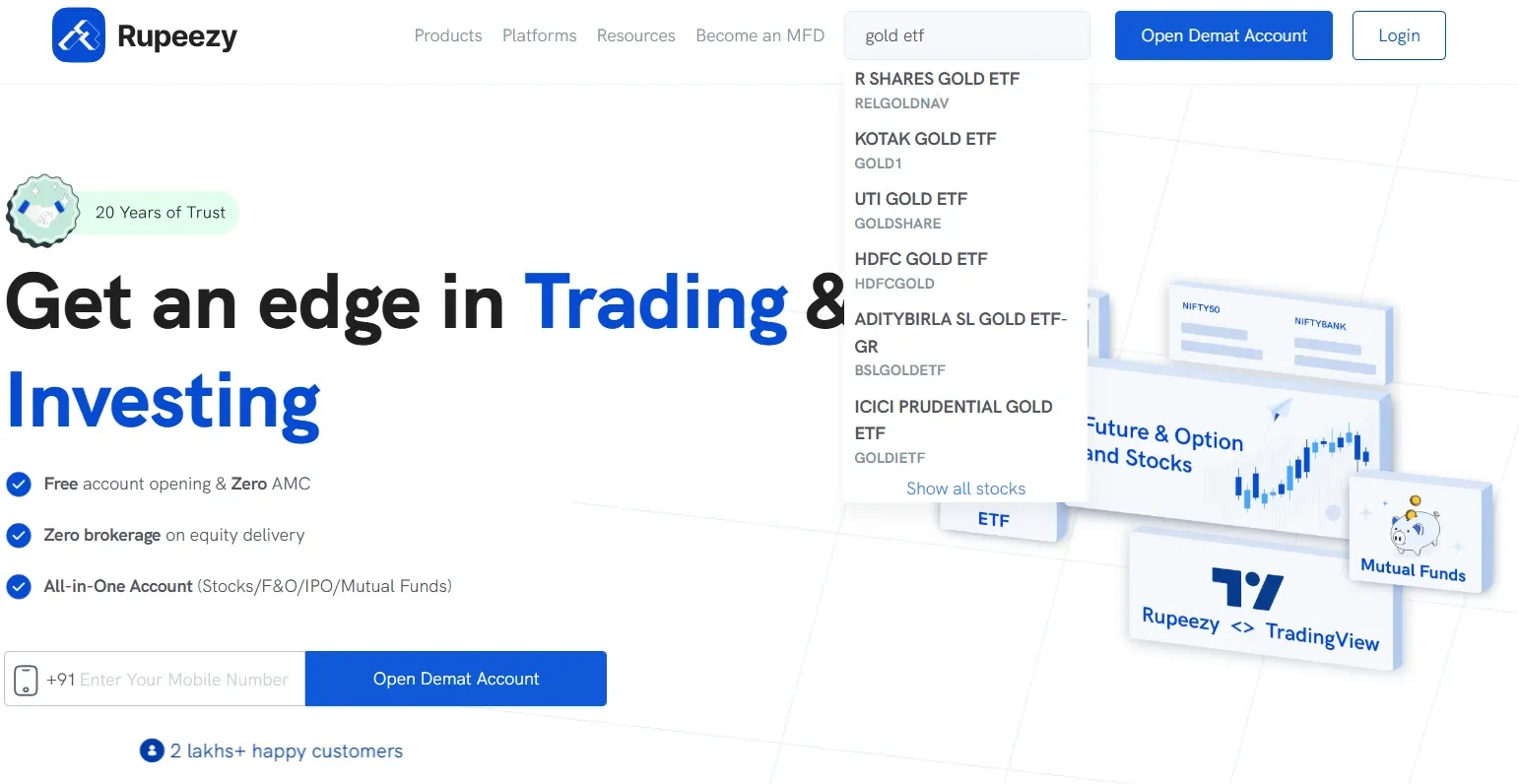 Screenshot of searching Gold ETF on Rupeezy web