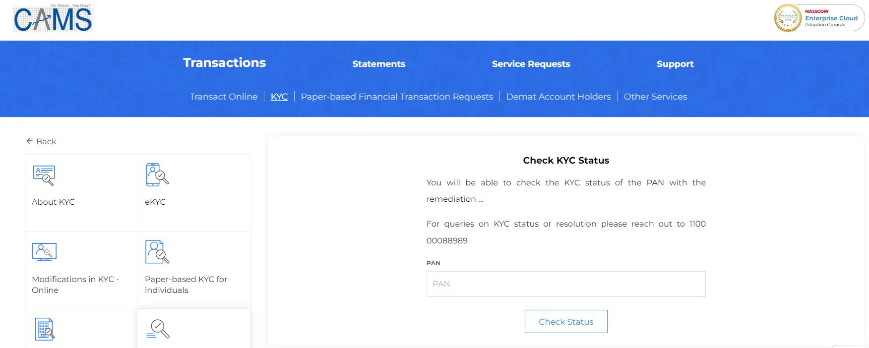 Screenshot of CAMS KYC status check