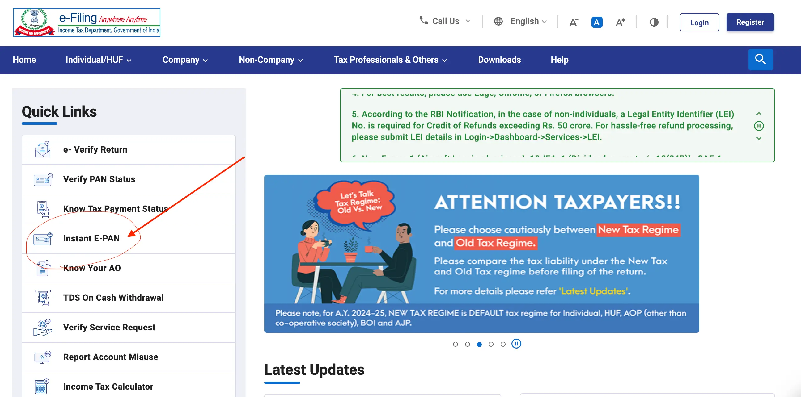 Screenshot of income tax website's quick links section