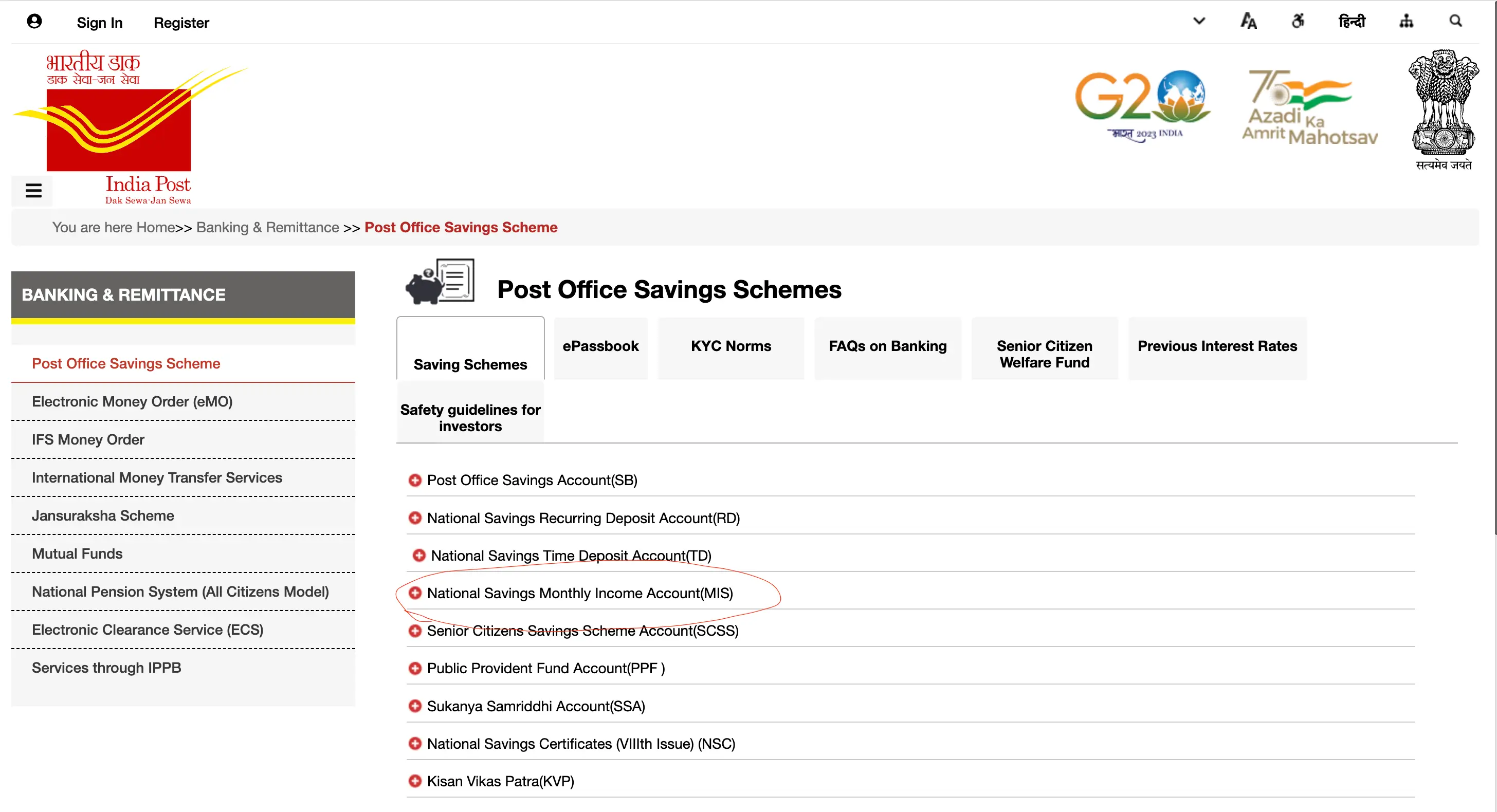 Screenshot of Post Office Savings Scheme page highlighting the PMIS section